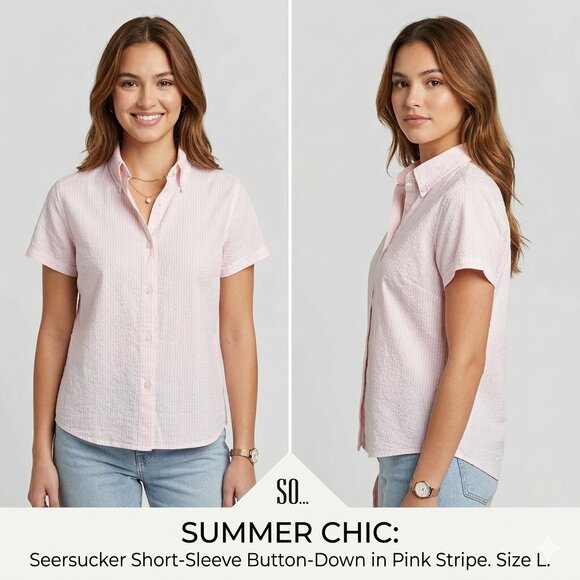 SO Tops - SO Pink and White Seersucker Striped Short Sleeve Button Down Shirt - Size Large